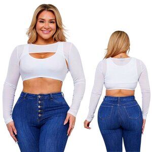 Plus Size Mesh Crop Shirt Top & Sports Bra 2PC Set Women's XL-2X White